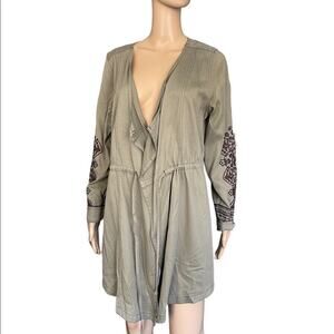 Knox Rose Embroidered Jacket Womens M Olive Green Open Cascade Drawstring Waist